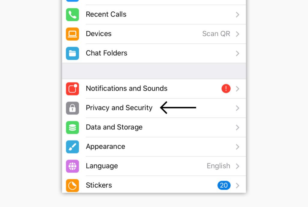 Captura de tela do menu de configurações do Telegram.