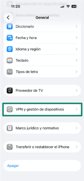 iPhone settings showing VPN and Device Management to manage security profiles.