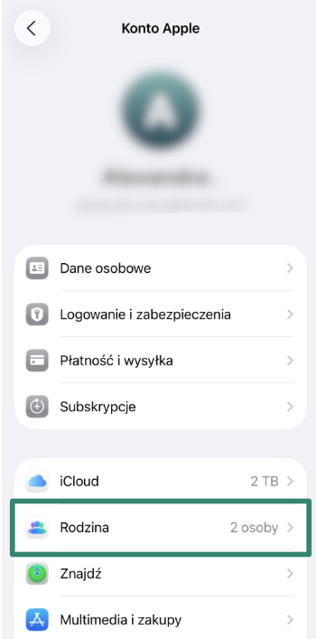 Family menu option shown under Apple ID in iPhone Settings.