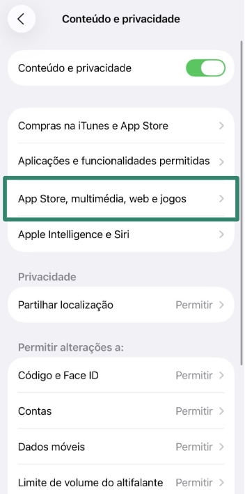 App Store, Media, Web & Games restrictions menu on iPhone.