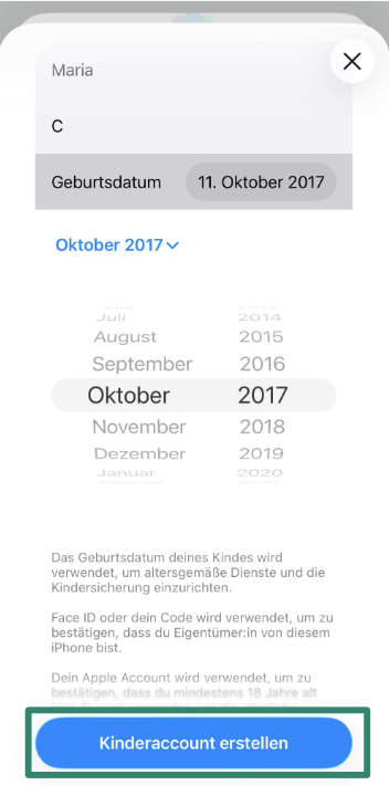 Options to invite family member or create child account on iPhone.