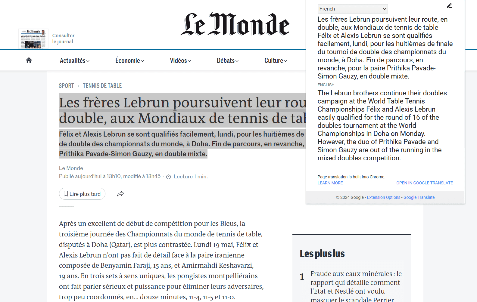 An example of the Google Translate extension being used to translate part of a French news article.