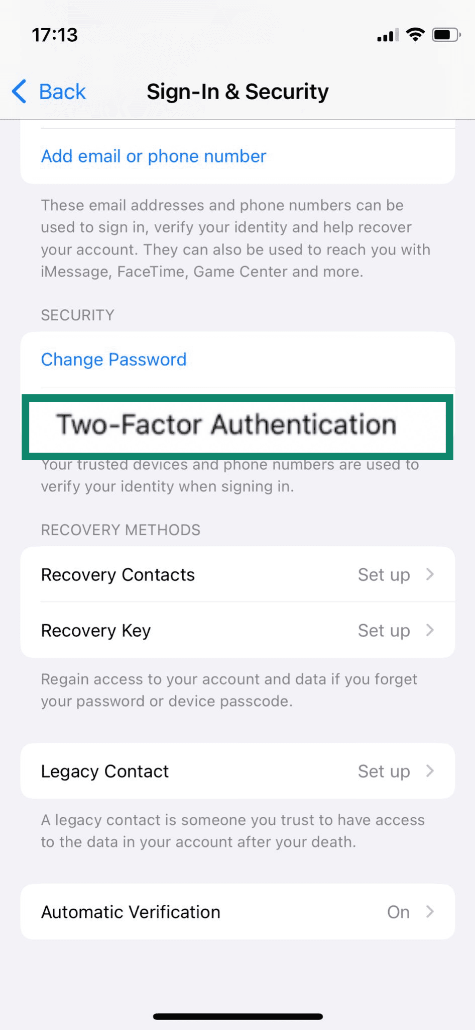 The Two-Factor Authentication setting on an iPhone.