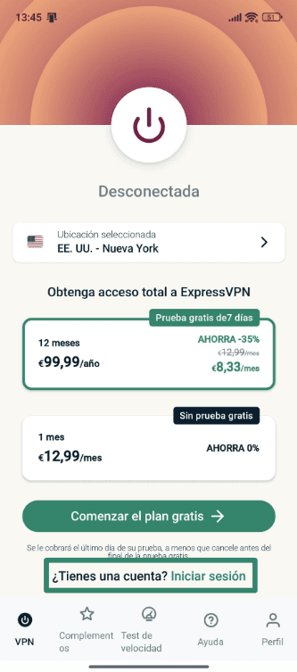 Signing into ExpressVPN on Android.