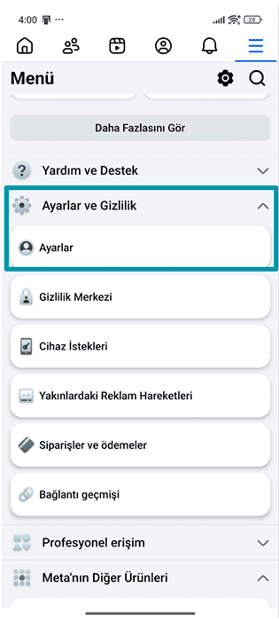 Facebook Android app Menu with Settings & privacy and Settings highlighted.