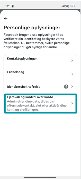 Android-appindstillinger for Facebook vedrørende personlige oplysninger med Kontoejerskab og -kontrol fremhævet.