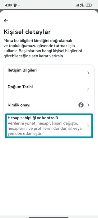 Facebook Android app Personal details settings with Account ownership and control highlighted.