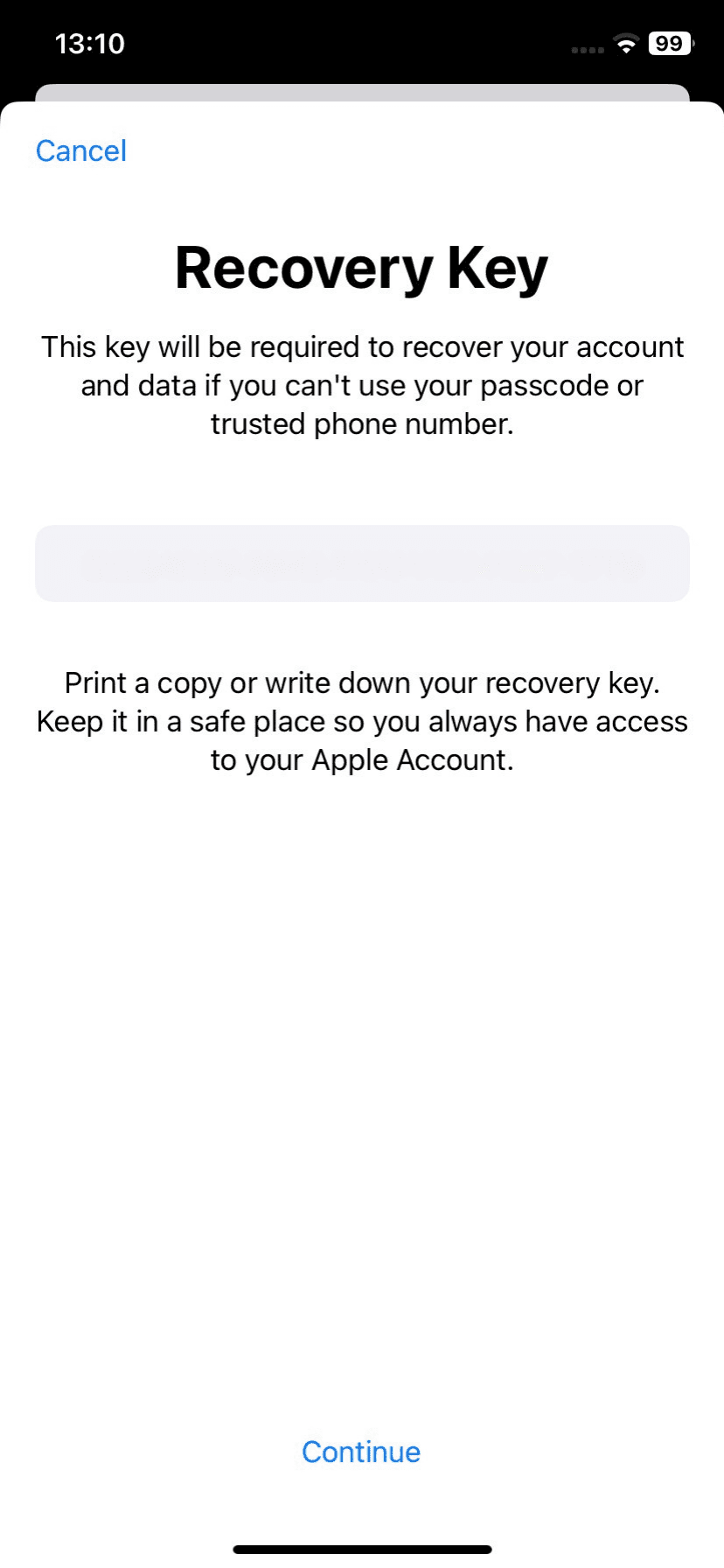 iOS Recovery Key confirmation screen