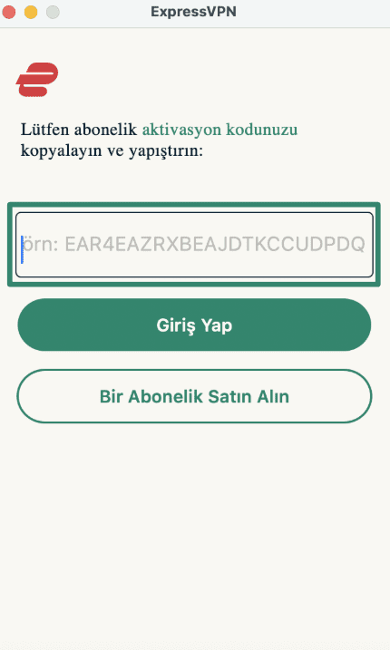 Logging into ExpressVPN on macOS using activation code.