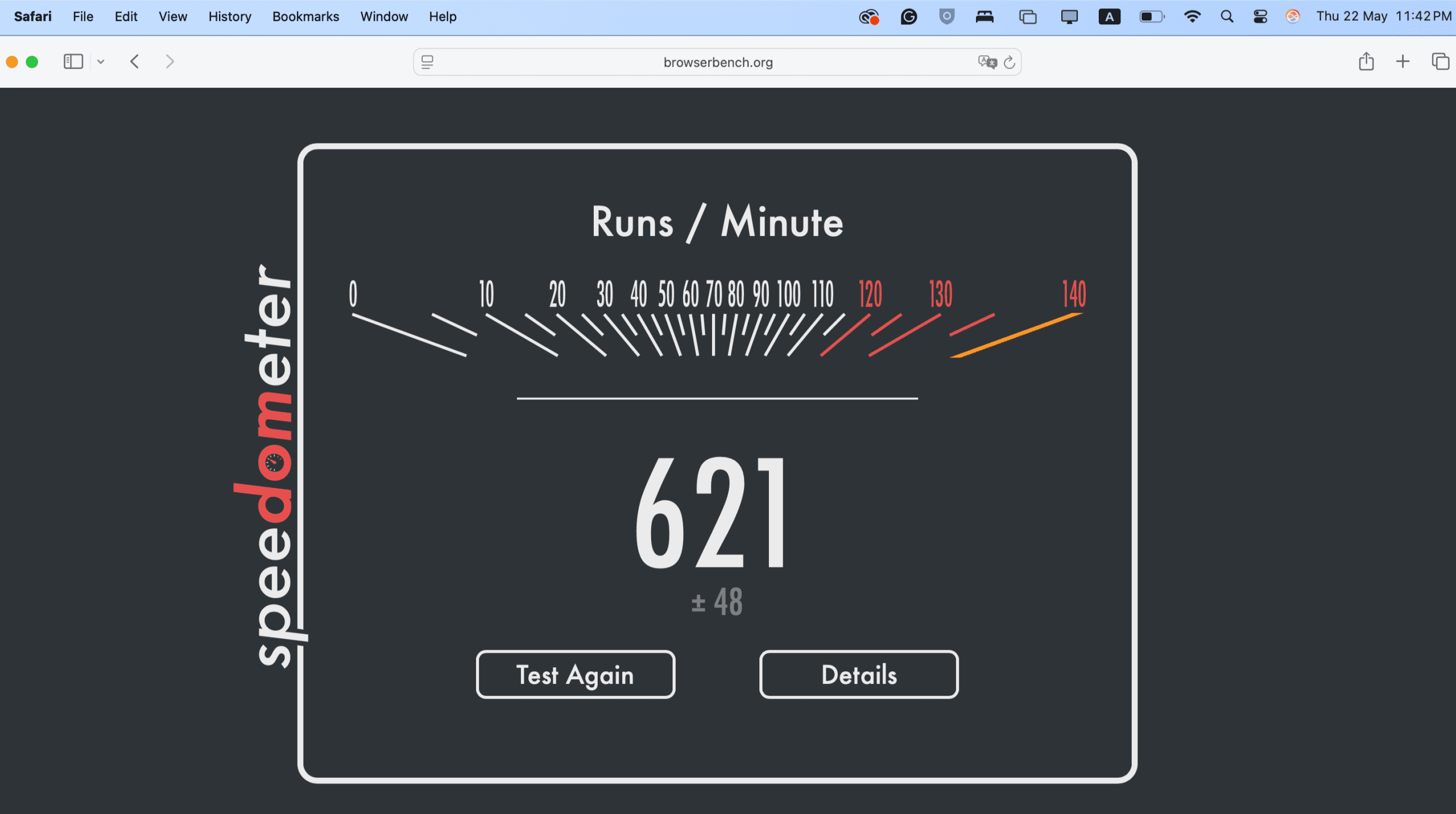 Speedometer 2.1 results: Safari on Mac.