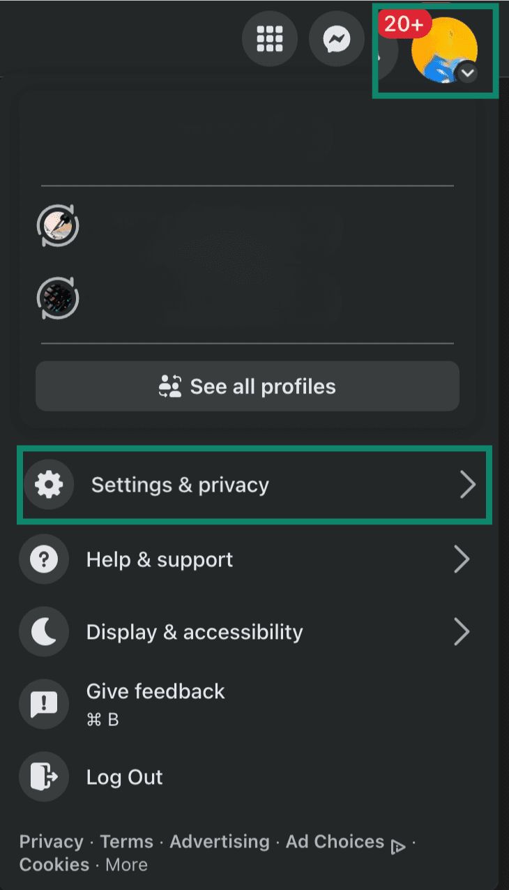 Facebook account home page with profile icon and settings tab highlighted.