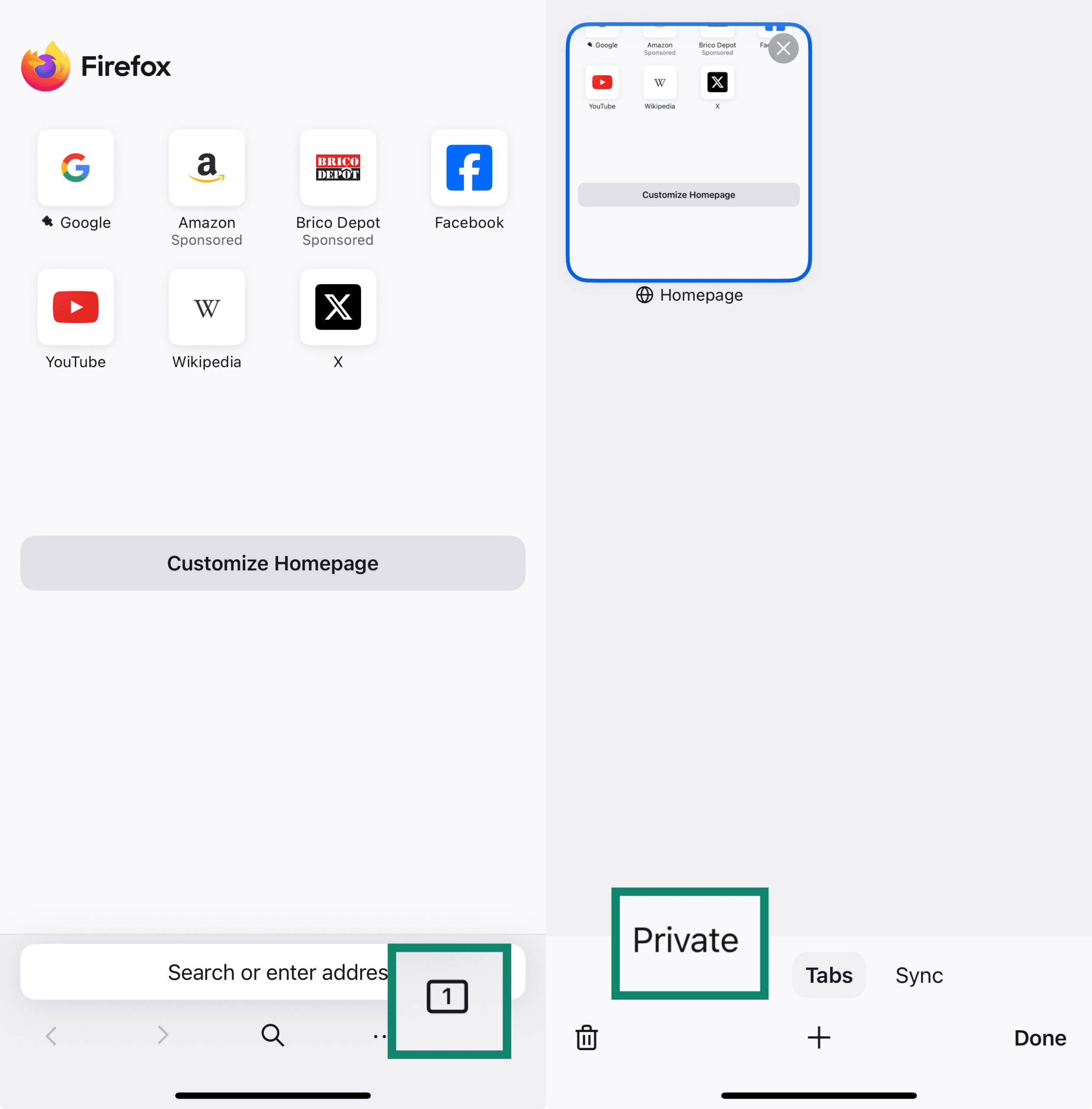 Two side-by-side screenshots of the Firefox app on iPhone. The left screenshot highlights the tab icon at the bottom. The right screenshot shows a screen with all open tabs and the