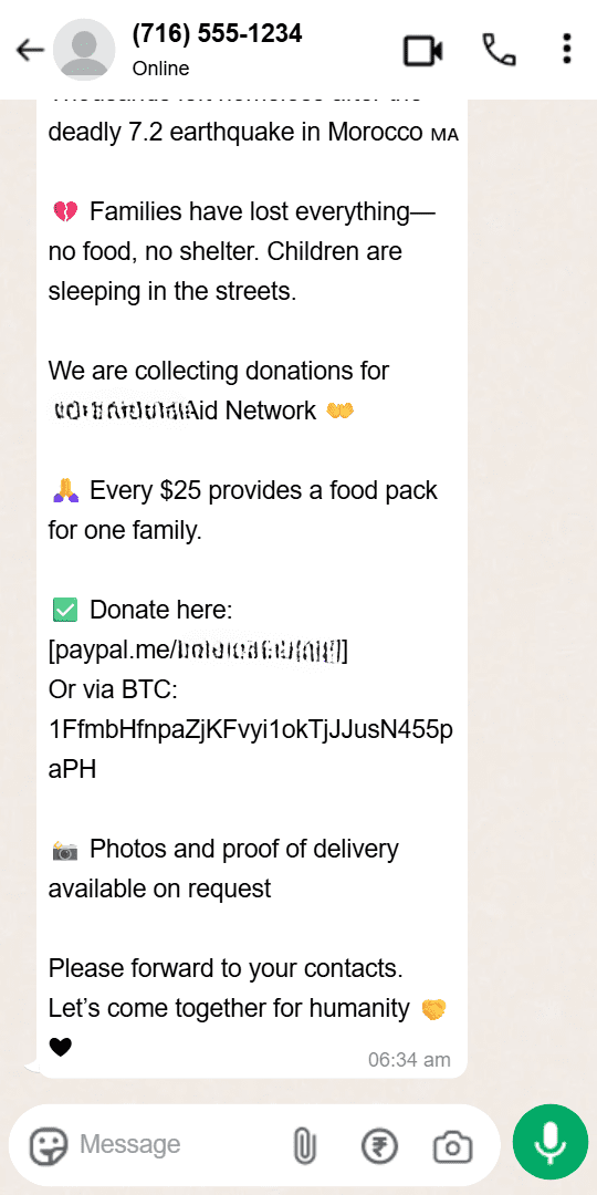 A fake charity scam on WhatsApp soliciting donations for a natural disaster. The message requests funds via PayPal and Bitcoin, both Warnsignale for fraud.
