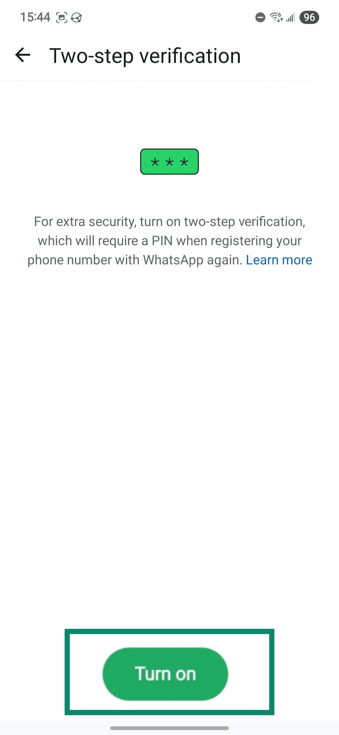 WhatsApp's two-step verification setup tool.