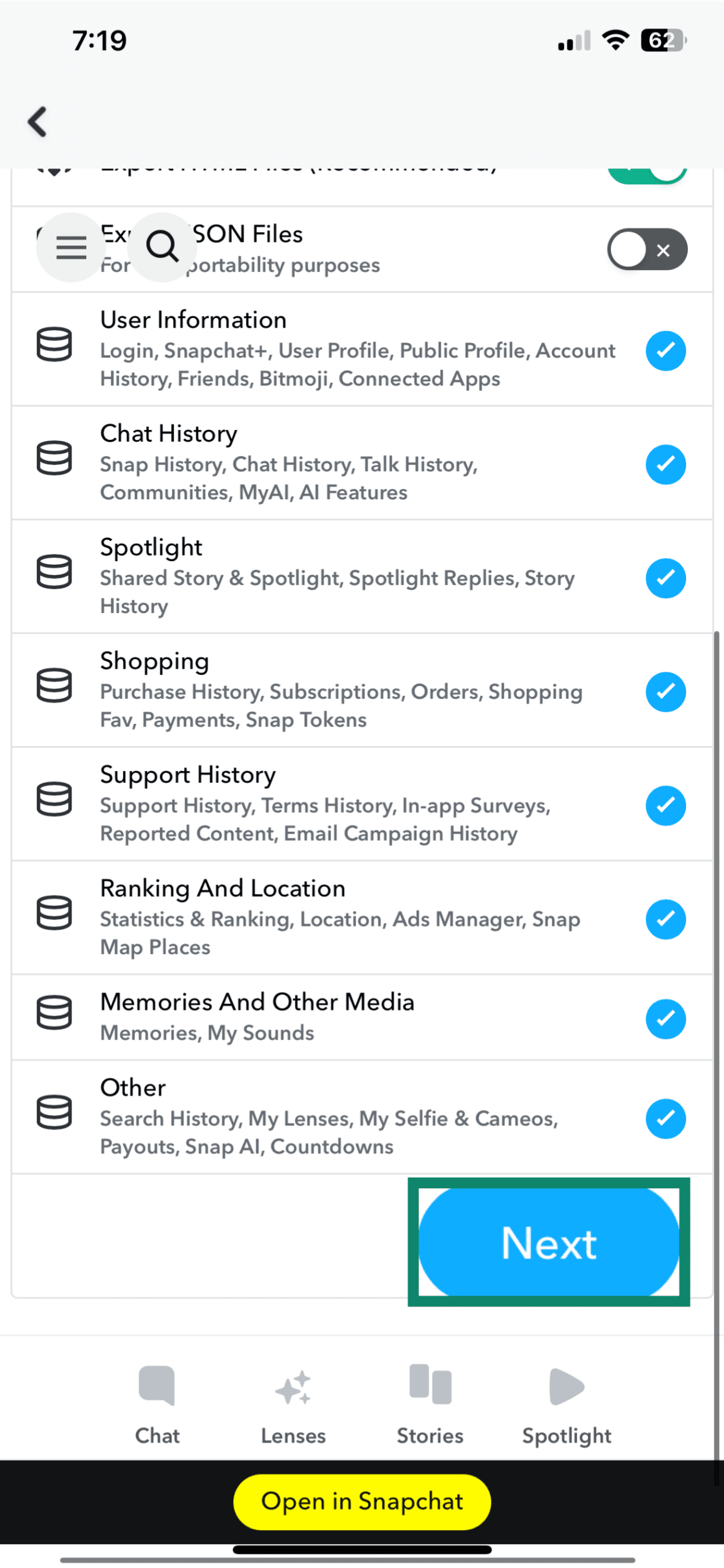 Choosing the Snapchat data to download.