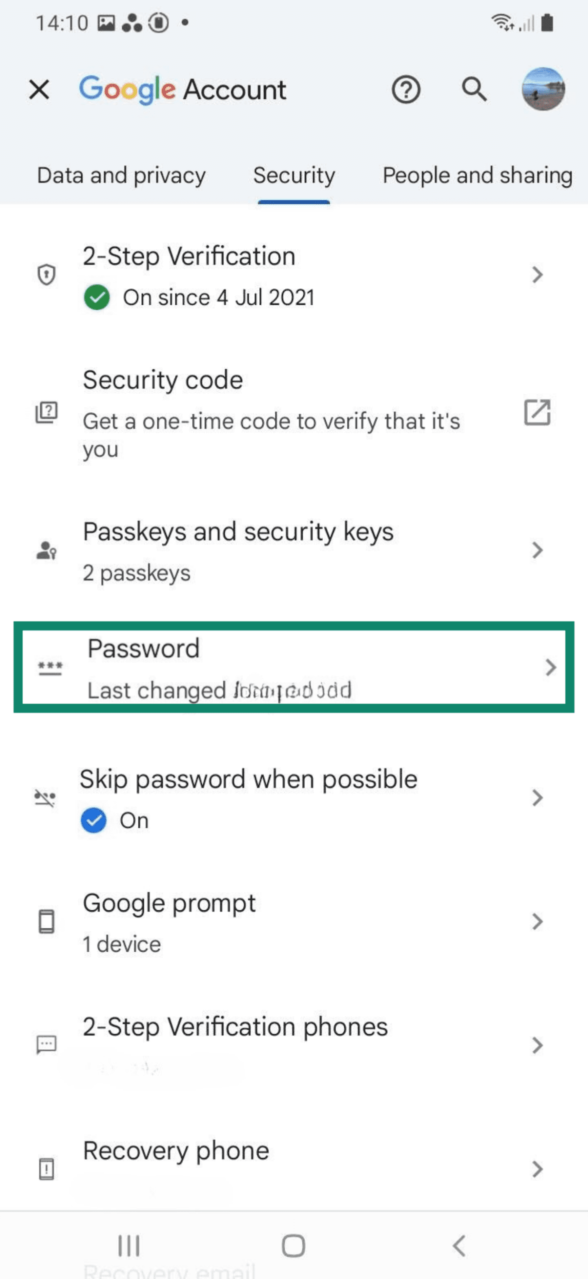 Password setting for Google account on an Android.