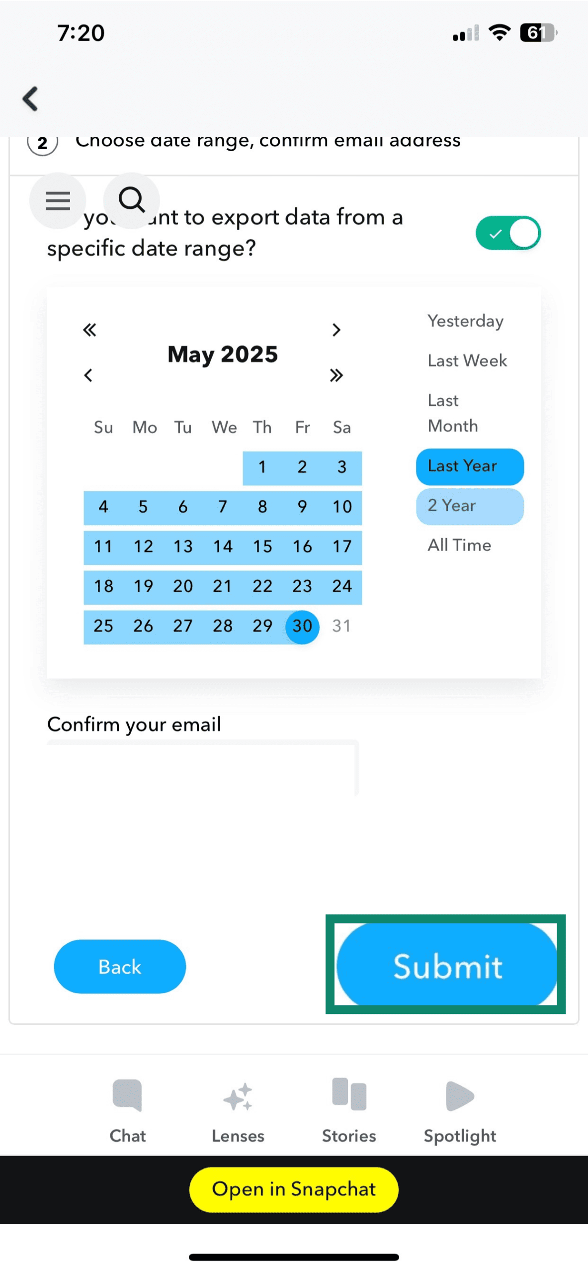 Choosing the date range for downloading Snapchat data.