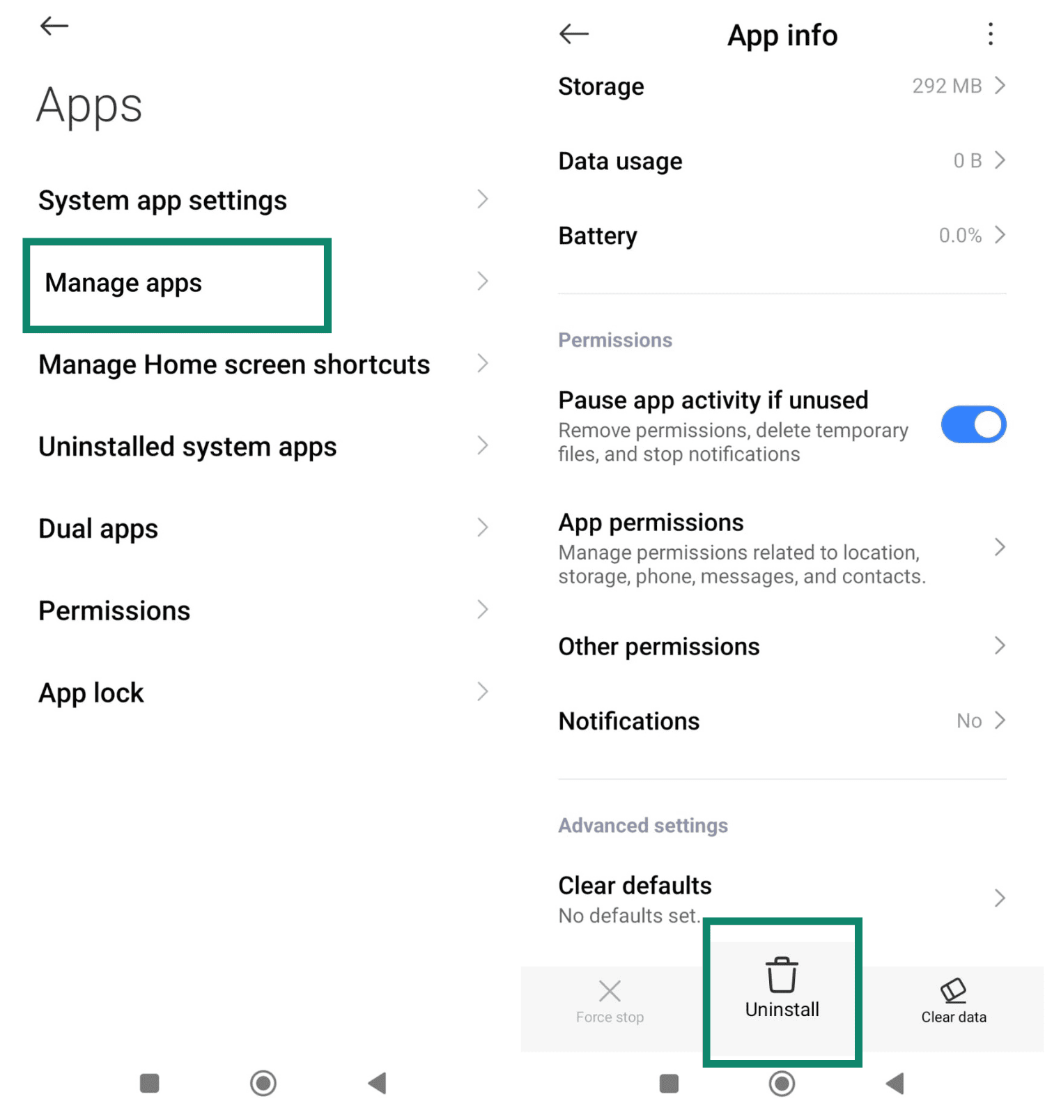 Two side-by-side screenshots of the Android settings. The left screenshot highlights the 