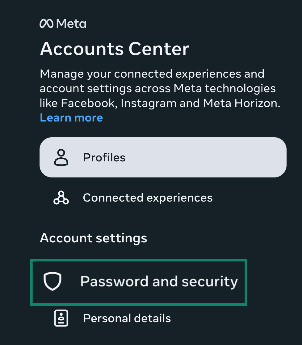 Password and security settings highlighted in Meta Accounts Center on Facebook.