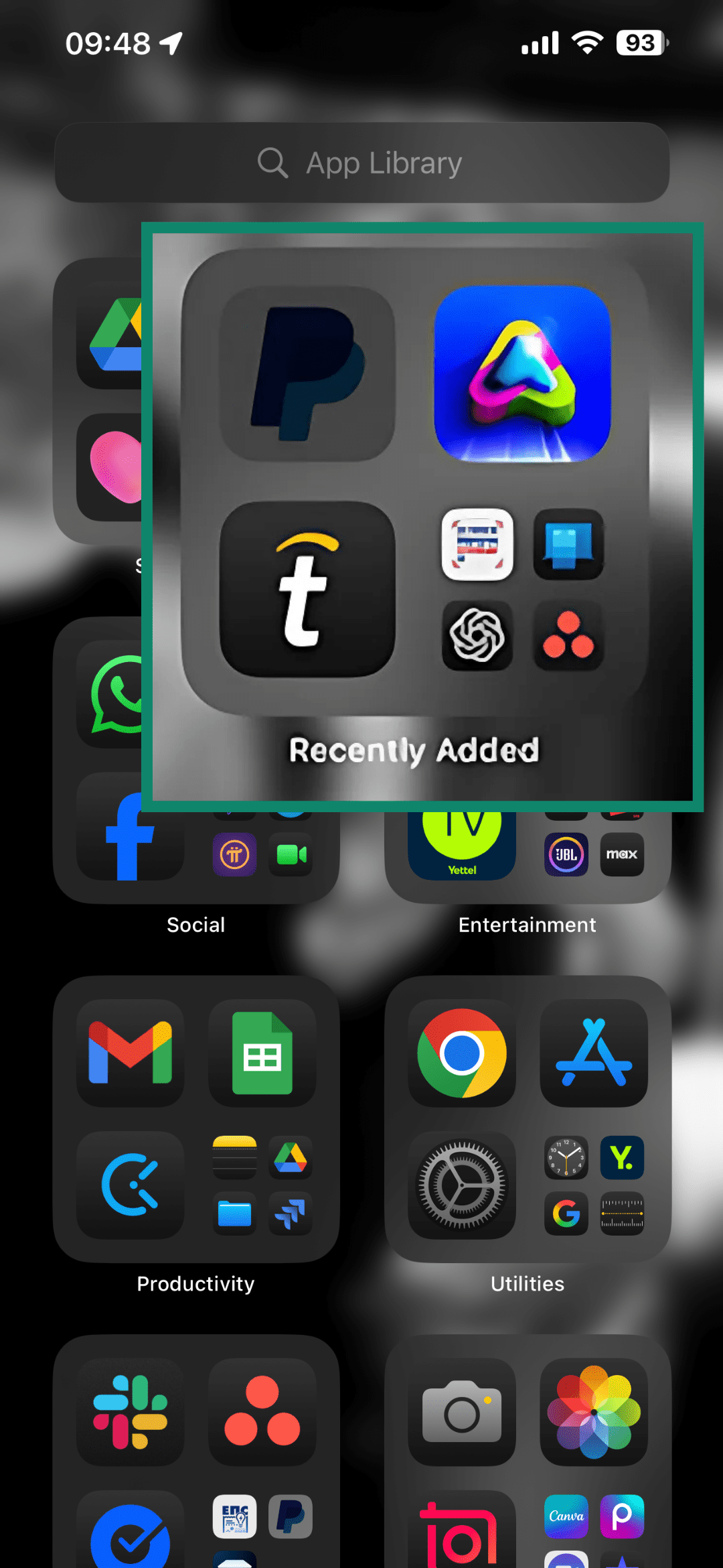 iPhone App Library screen highlighting the Recently Added folder.