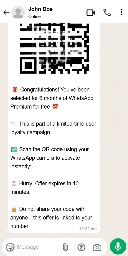 A QR code scam on WhatsApp offering a fake