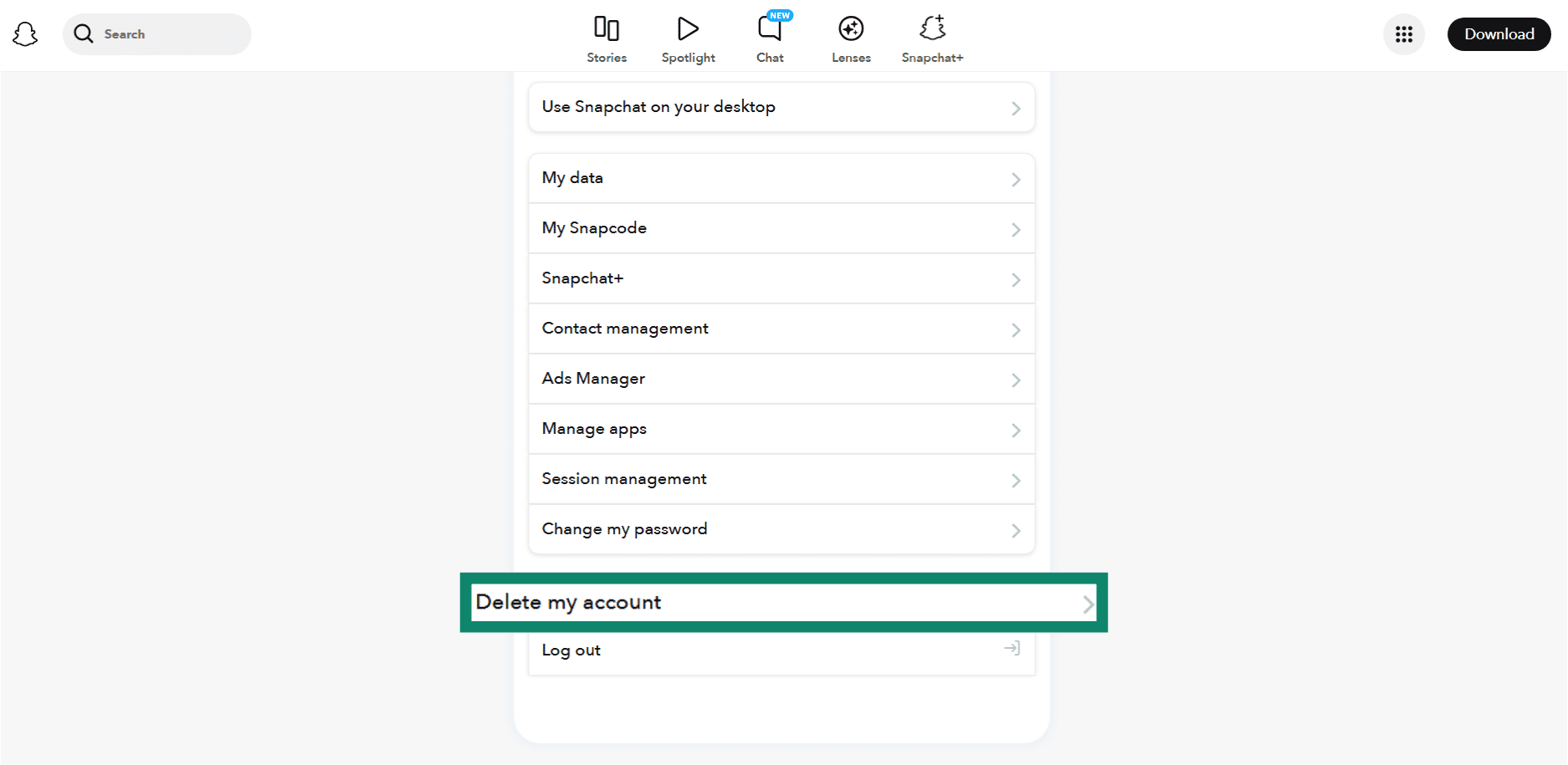 The Account Settings page of Snapchat, showing the Delete my account option.
