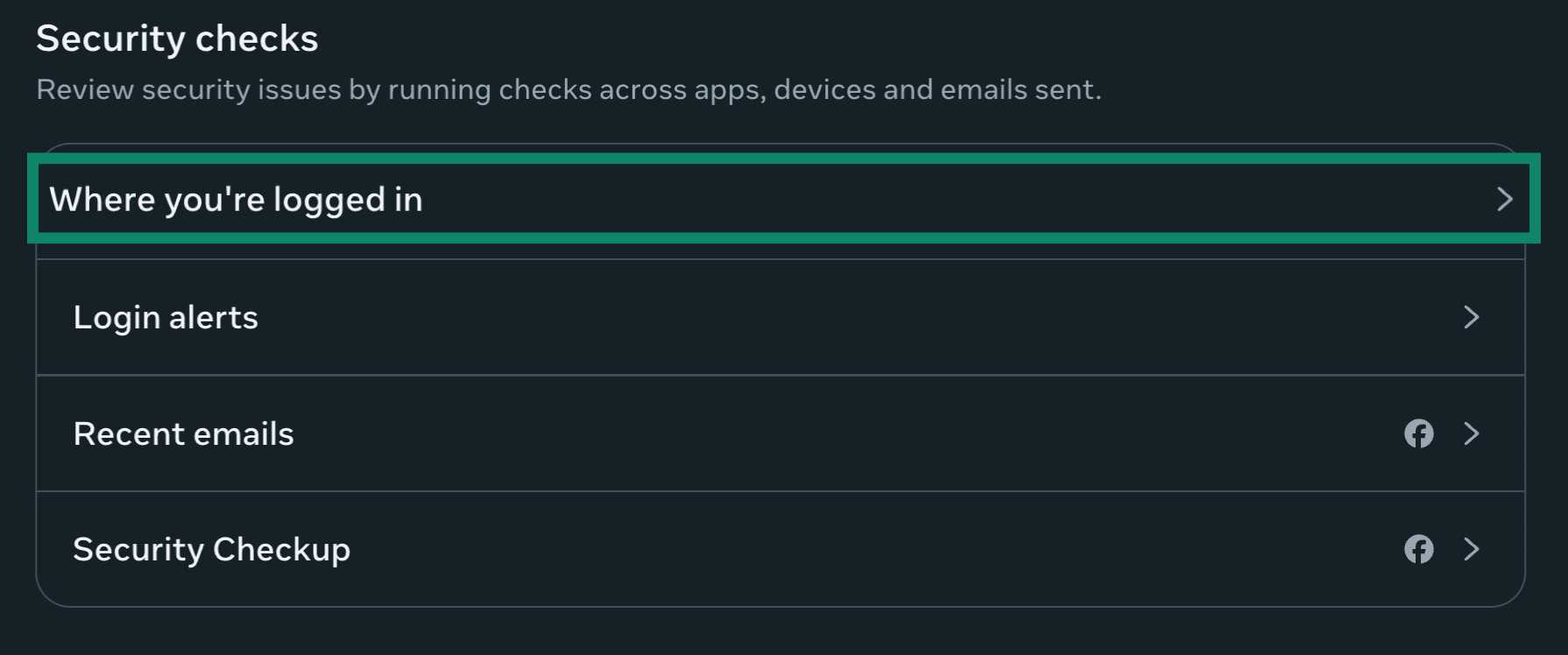 Facebook account security checks with logged-in session indicator highlighted.