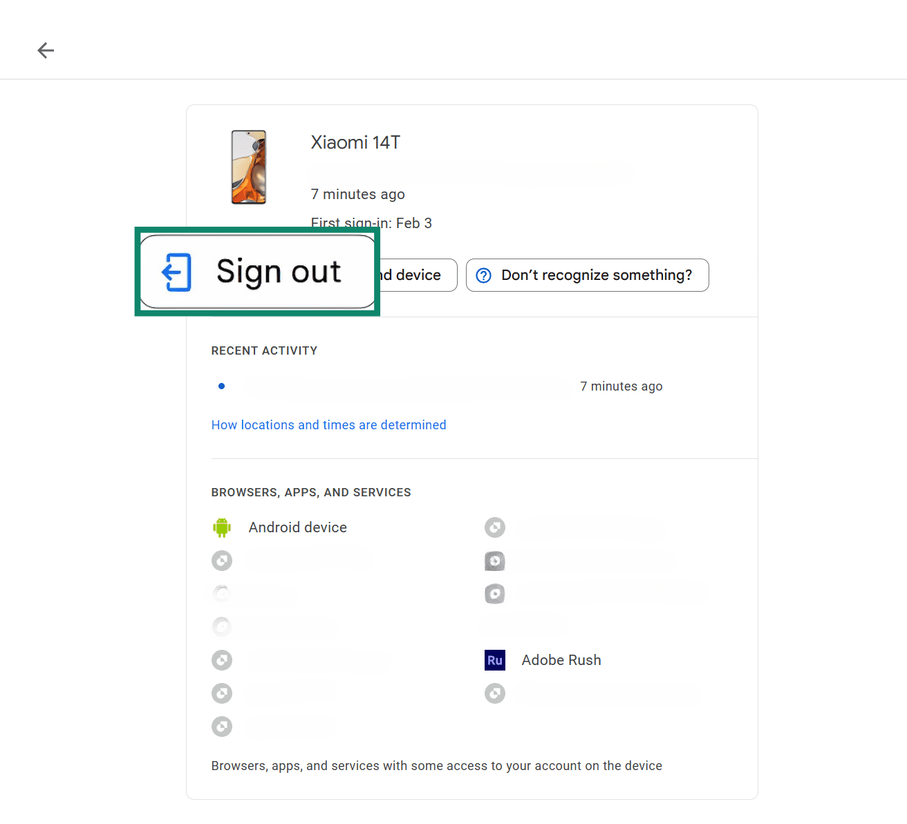 Google Account "Your devices" page displaying one session on a Xiaomi 14T phone, with the "Sign out" button highlighted.