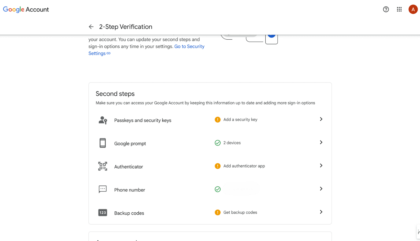 Detailed view of 2-Step Verification settings showing available second step methods.