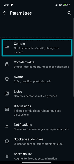 A screenshot of the WhatsApp settings menu, showing the Account button