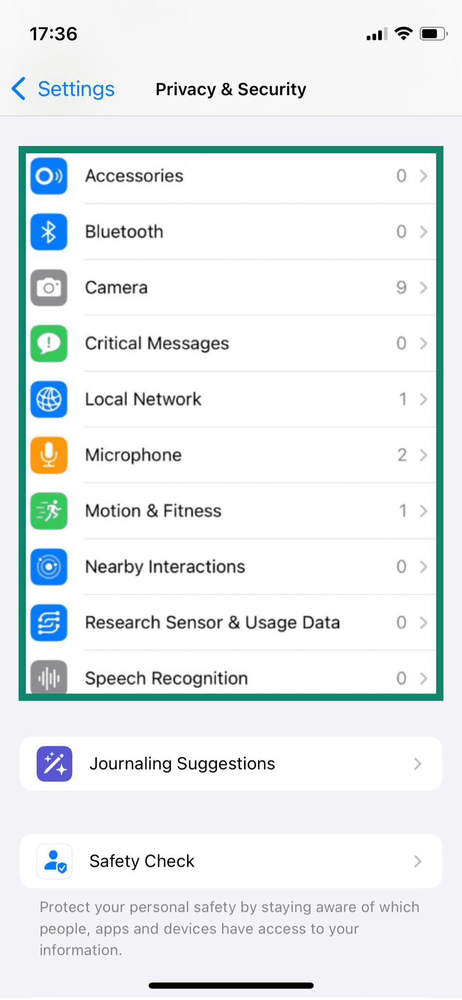 The Privacy & Security settings page of an iPhone, showing various app permission options.