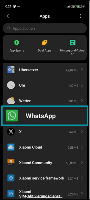 The Apps menu of an Android phone, showing the WhatsApp app icon.