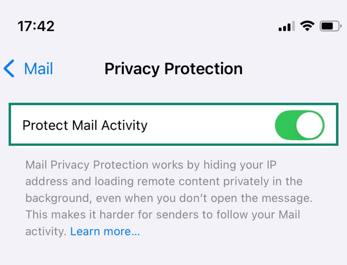 The Privacy Protection settings page on an iPhone, with the Protect Mail Activity button highlighted.