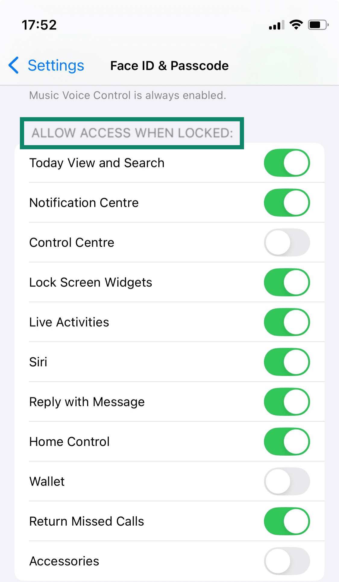 The Face ID & Passcode settings page on iPhone, highlighting how users can toggle various features on and off when the device is locked.