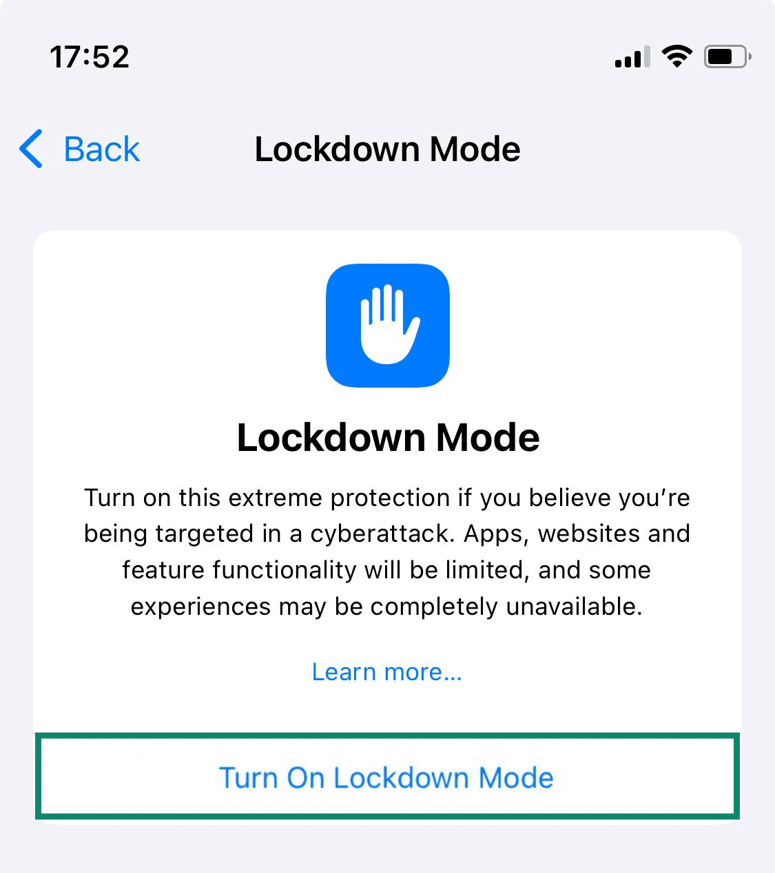 The Lockdown Mode activation screen on an iPhone.