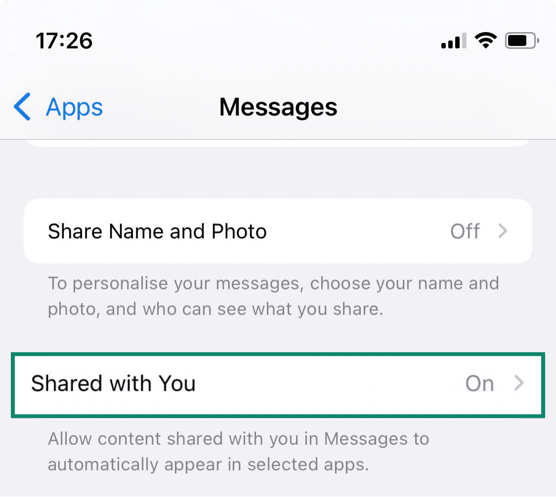The Messages settings screen on an iPhone, with the Shared with You option highlighted.