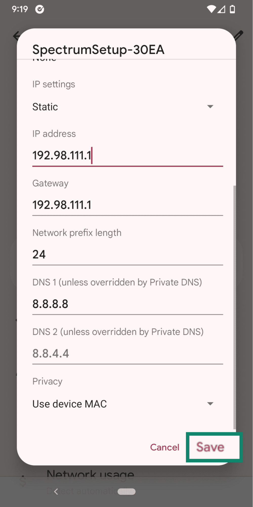 Android Wi-Fi network settings.