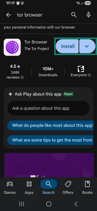 The Tor Browser page in the Google Play Store.