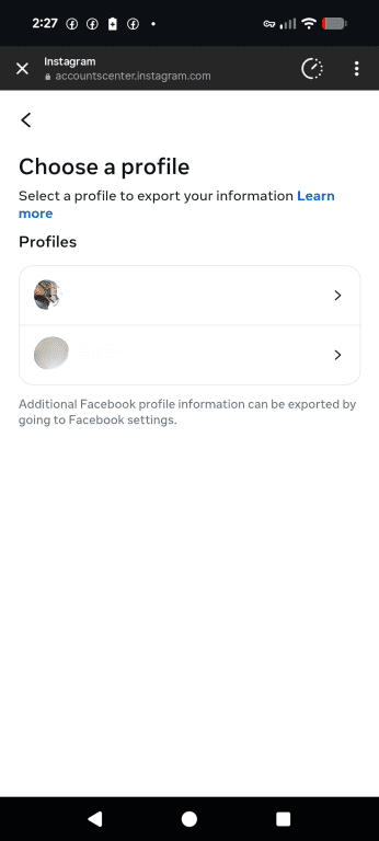 Choose profile to export in Instagram app.