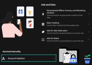 Uber desktop privacy center screen with account deletion option highlighted.