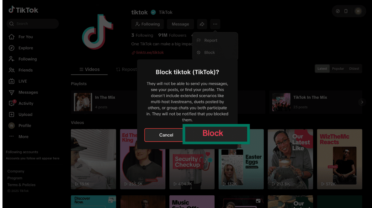 TikTok desktop showing confirmation popup