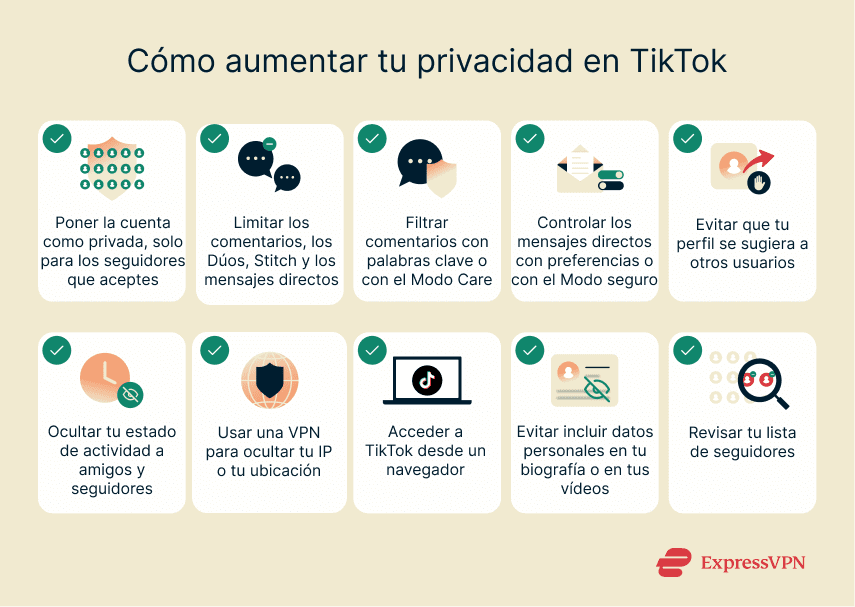 Visual showing various methods to increase privacy on TikTok.
