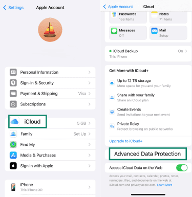 Side-by-side screenshots showing the path to find the ‘Advanced Data Protection’ option for iCloud in an iPhone’s settings.