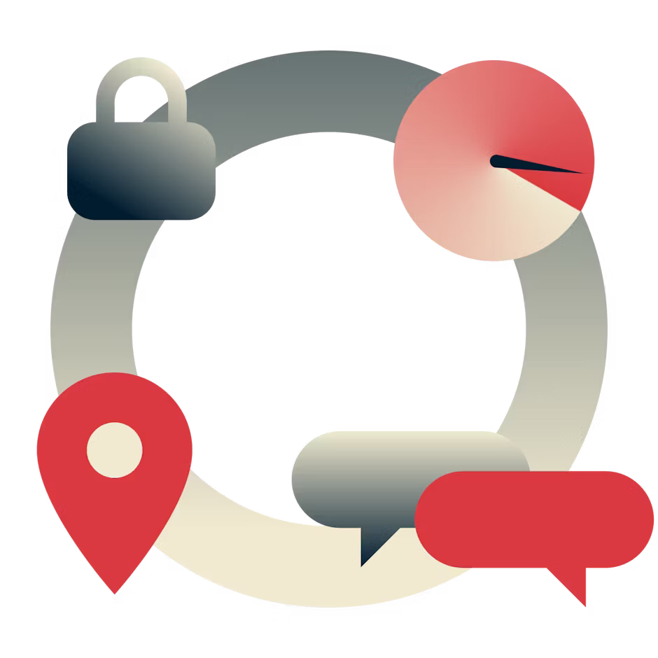 Circular image with a padlock, speedometer, chat bubbles and location pin.