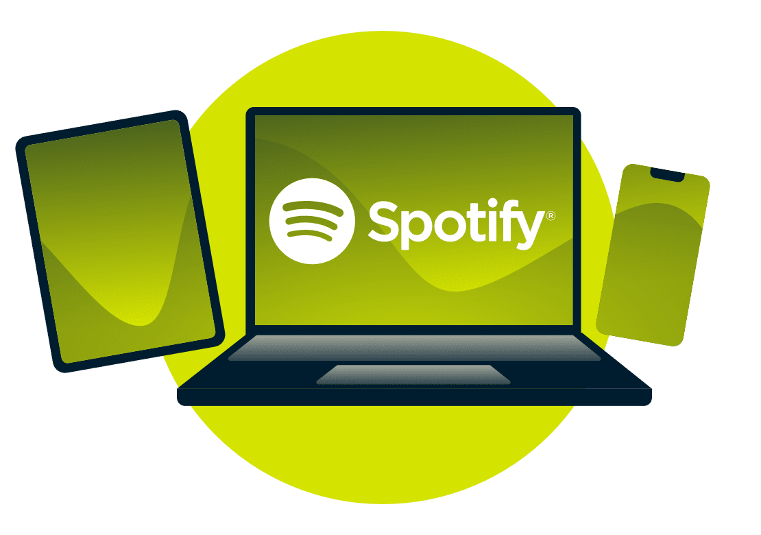 A laptop, tablet, and phone, with the Spotify logo.