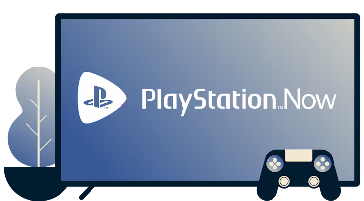 PlayStation Now logosu, kol olan ekran ve bitki.