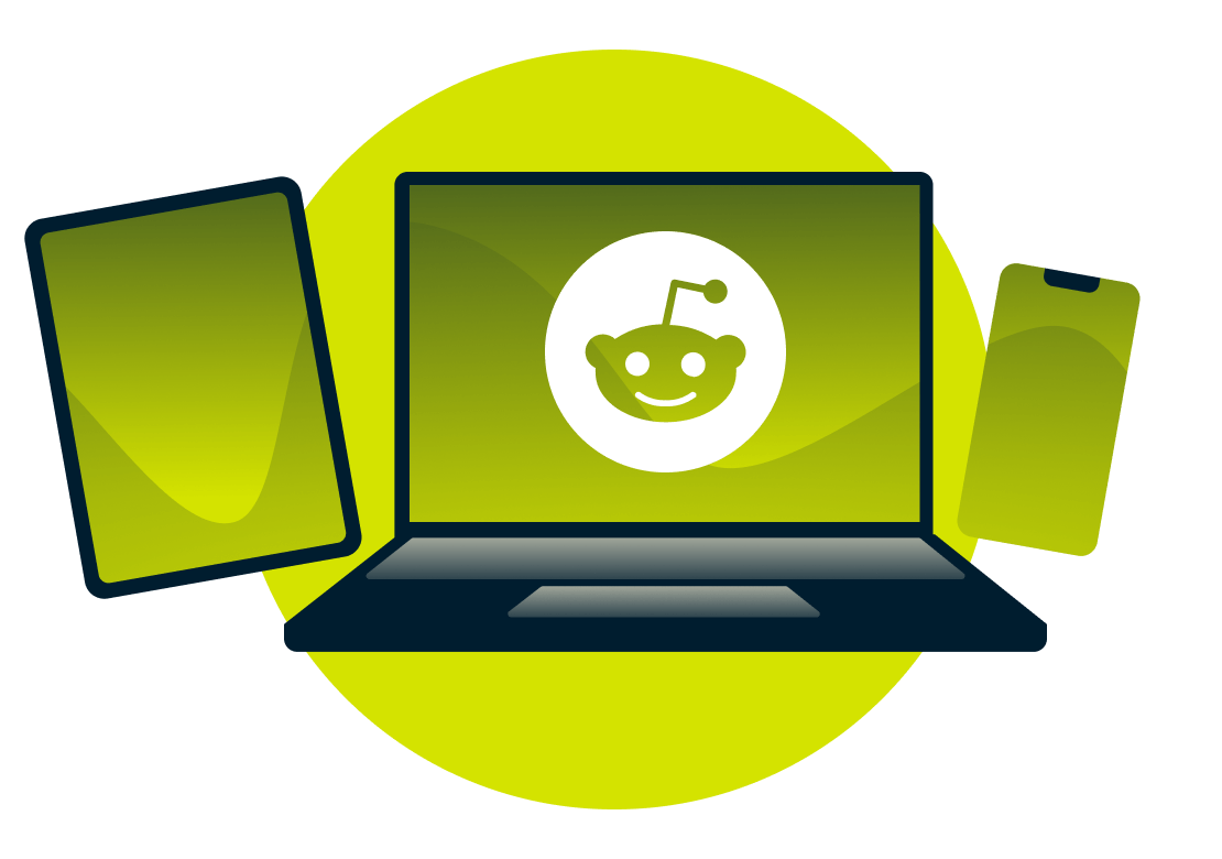 A laptop, tablet, and phone, with the Reddit logo.