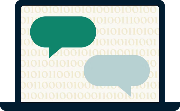Binary code and speech bubbles on a laptop screen.