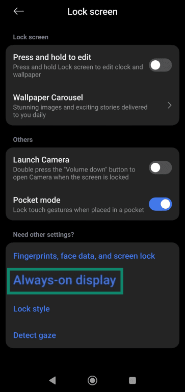 Tapping the Always-on Display option in Xiaomi's Lock screen settings