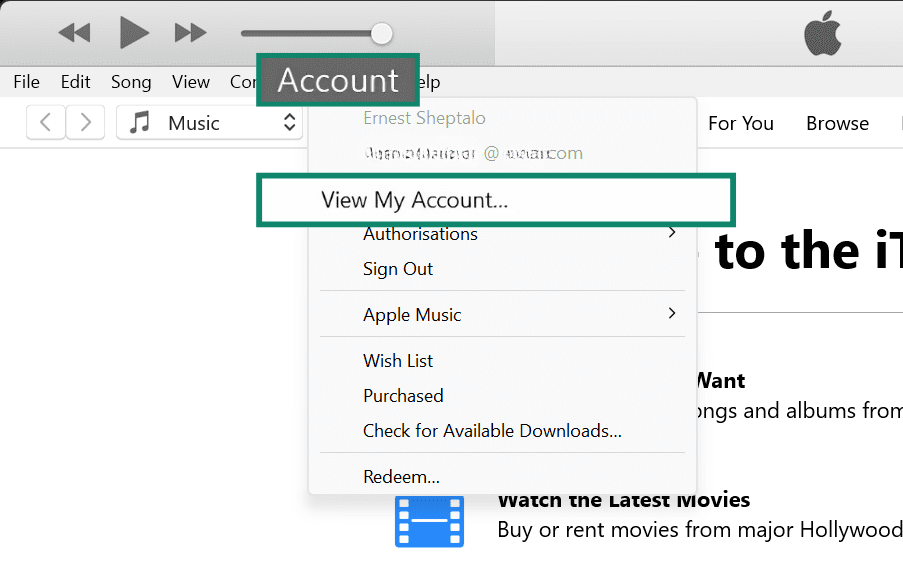 iTunes interface with the Account menu open and 